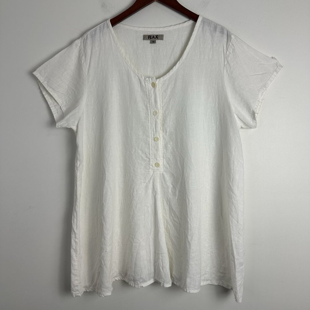 FLAX 100% Linen Tunic Top Women’s Medium White Lagenlook Minimalist Blouse Shirt